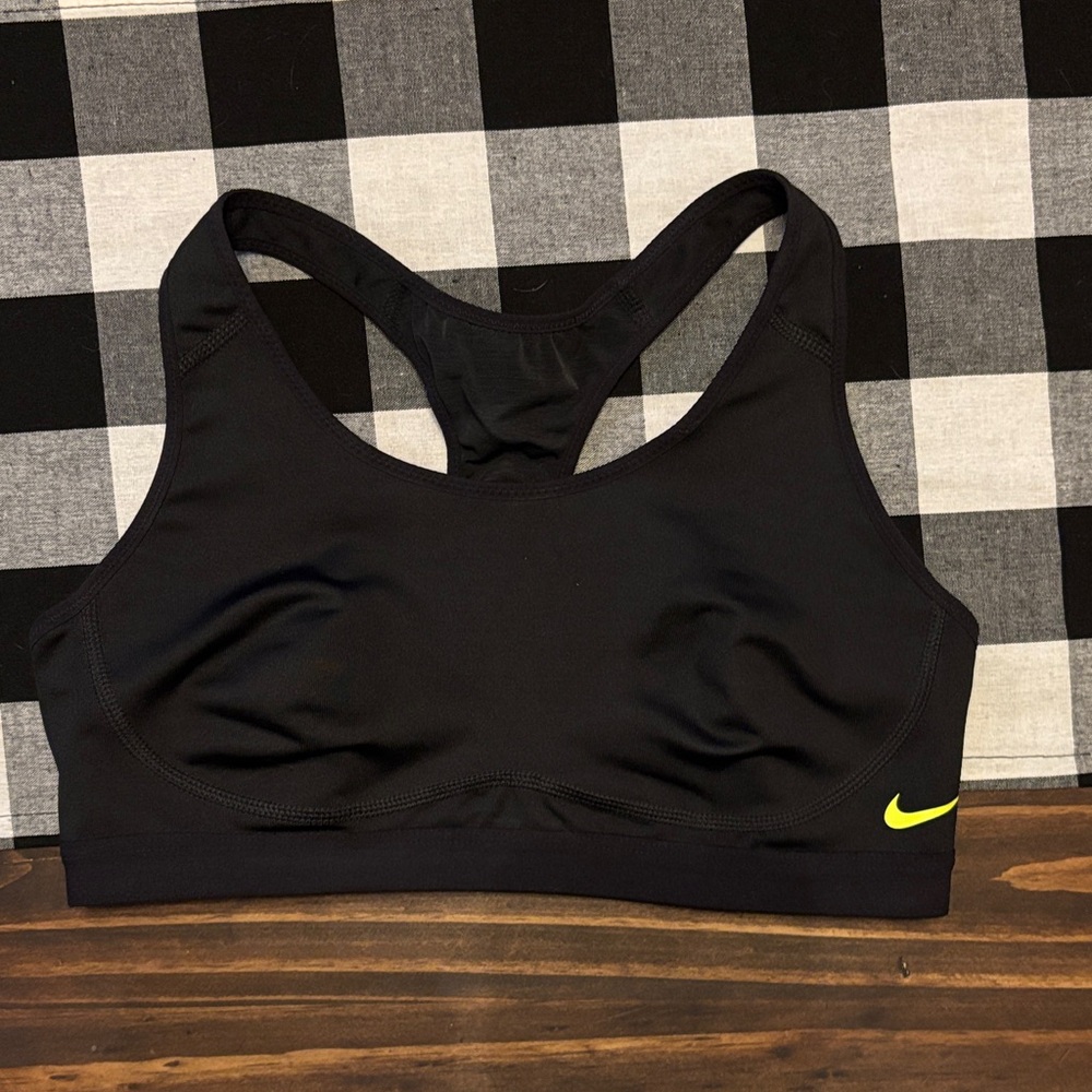 Nike Black Sports Bra neon yellow swoosh medium